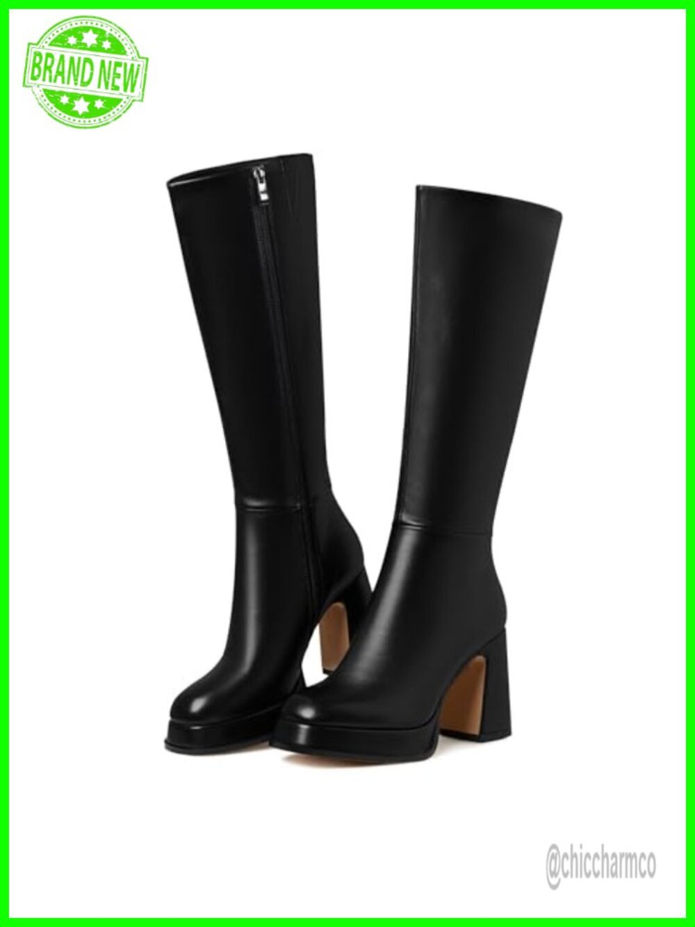 Platform Knee High Boots Women Chunky Block Heel Faux Leather